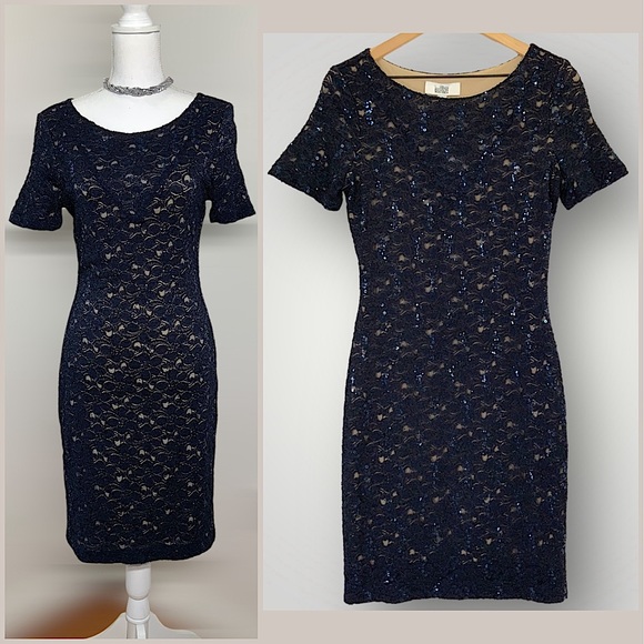 Belle by Badgley Mischka Stretch Lace Navy Cocktail Dress Size 10‎ fits 8 NWT - Picture 7 of 7